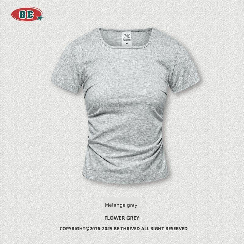 Western Style 150G Solid Square Collar Shoulder Short Sleeve T-shirt Fashion Brand Gyaru Waist Hugging Slimming Casual U Collar Top Women Fashion