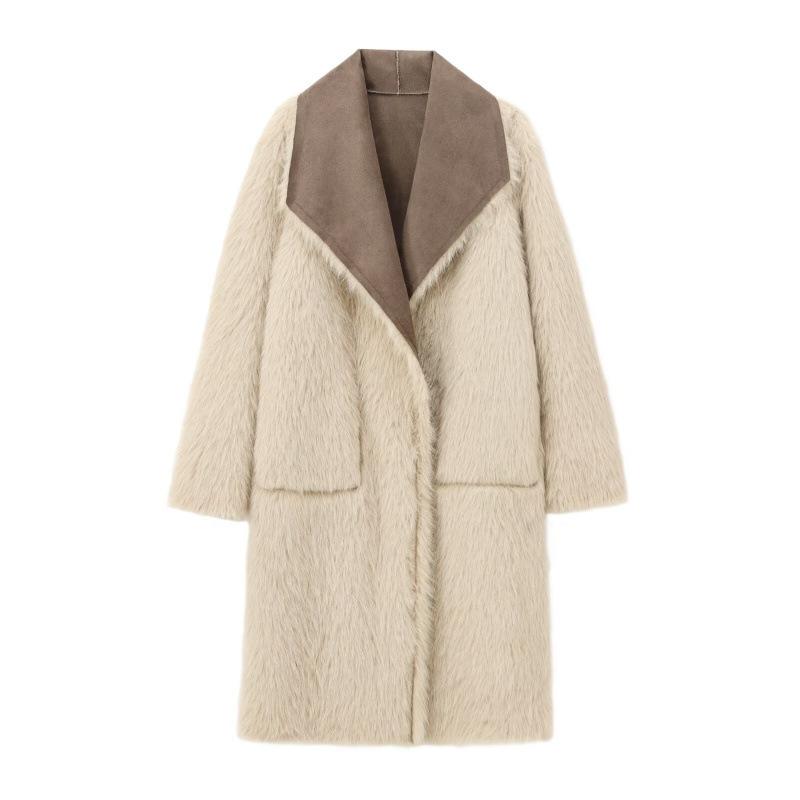 Women's clothing autumn and winter European and American contrasting colors lapel collar large pocket decoration double-sided wear artificial fur coat