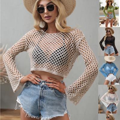 Summer Hollow Out Loose Knitted Blouse Women Flare Sleeve Round Neck Casual Shirts for Women Fashion Elegant Solid Sunshirt Crop Tops 24123