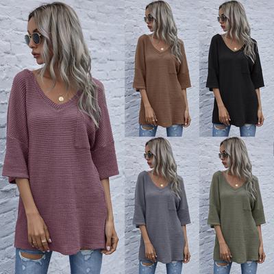 Women Autumn Winter V-neck Pocket Slit Knit Top