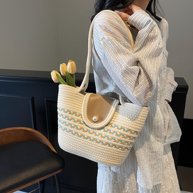 Cotton Woven Bag Spring New Fashion Portable Shoulder Bag Contrasting Color Sweet Girl Bag Seaside Vacation Beach Bag