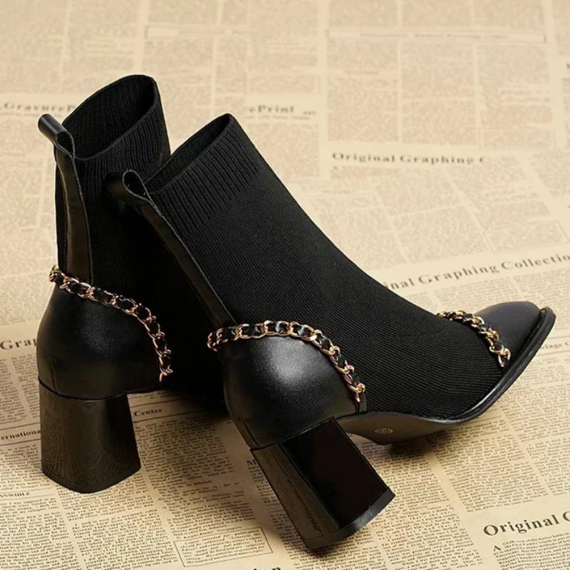 2024 Hot Sale Shoes for Women Slip on Women's Boots Winter Square Toe Solid Plush Warm Short Barrel Mid Heel Fashion Naked Boots