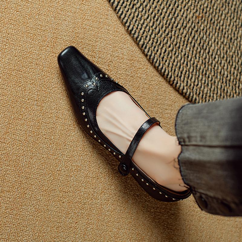 Fashion 2025 New Spring Women Pumps Square Toe Women Shoes Retro Shallow Genuine Leather Ladies Shoes Sheepskin Mary Janes
