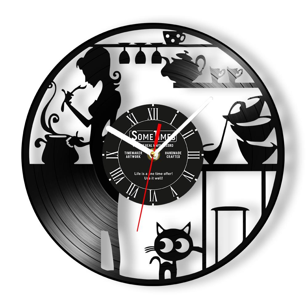 

Girl and Cat Vinyl Record Wall Clock Coffee Tea Mug Kitchen Room Decor Custom Name Music Album Clock Personalized Housewife Gift