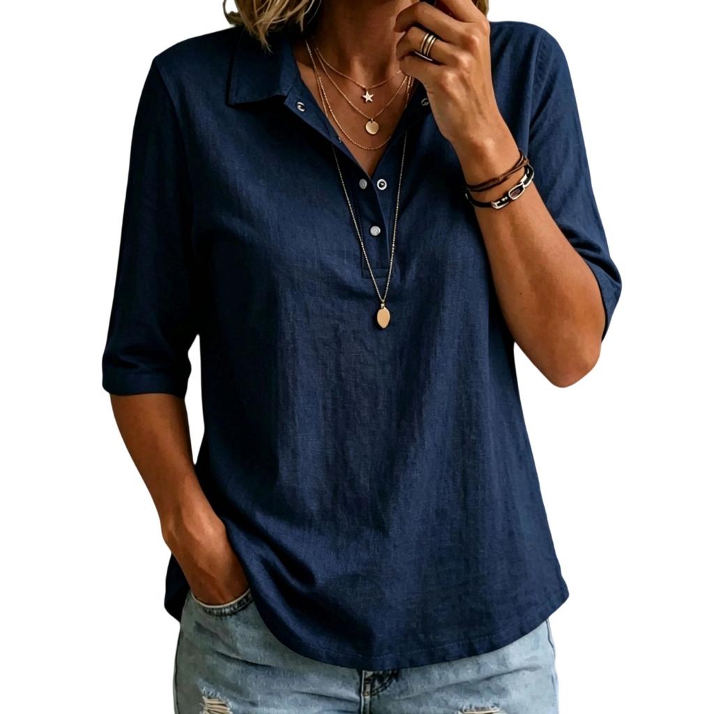 Women Casual Half Sleeve Shirt Lightweight Buttoned Polo Collar Top Relaxed Fit Tunic Blouse for Everyday Wear