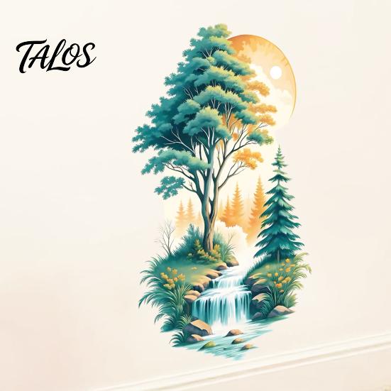 Forest Style Window Clings Mountain Waterfall Scenery Wall Sticker, PVC Waterproof Mural, Peel And Stick Art Wallpaper Decor for Bedroom Living