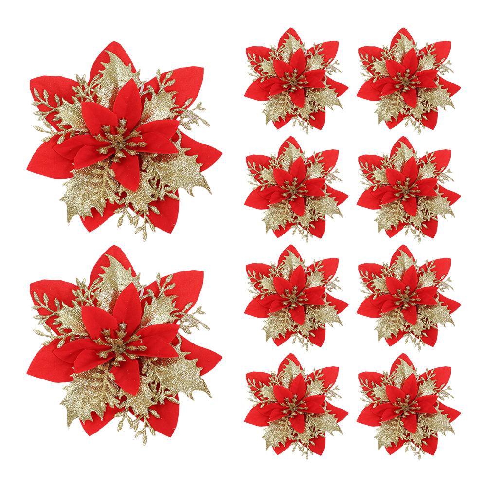10pcs Christmas Ornament Flower 14cm Glitter Artificial Christmas Flowers Tree Ornaments For Home Wedding Decor New Year Gifts