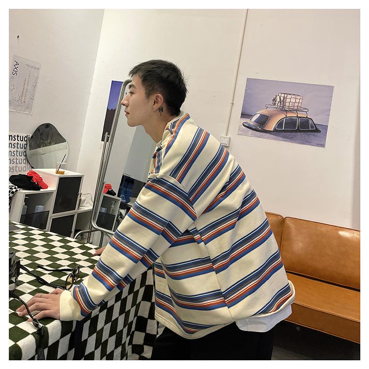 Men's Trendy Color Block Striped Pullover - Casual Loose Fit Round Neck Sweatshirt for Spring & Autumn.