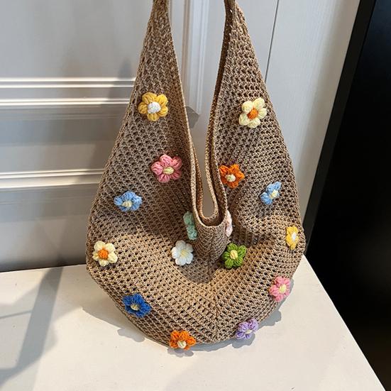Sac à Bandoulière Bohème au Crochet Sac de Plage Tricoté avec des Fleurs Colorées Sac Cabas Léger Tissé pour Femmes Filles Vacances d'Été Voyage Pique-nique Shopping