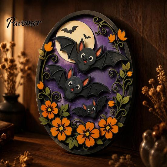 Festive Halloween Wall Accents Oval Sign, Layered Wooden Decor Cute Ghost Bat Spooky Home Decorations Pumpkin Witch Designs, Art Decoration