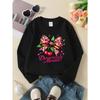 European Sizes Girls' Round Neck Fashion Sweatshirt, Pink Leopard Bow Cherries Hearts, Autumn Winter Trendy Print, Casual And Sporty.