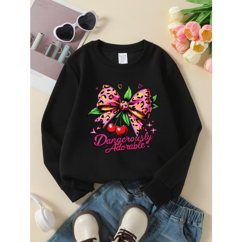 European Sizes Girls' Round Neck Fashion Sweatshirt, Pink Leopard Bow Cherries Hearts, Autumn Winter Trendy Print, Casual And Sporty.