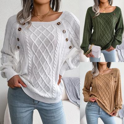 Women Warm Knitted Sweater Autumn Winter Casual Square Collar Studded Button Twist Knit Pullover Sweaters