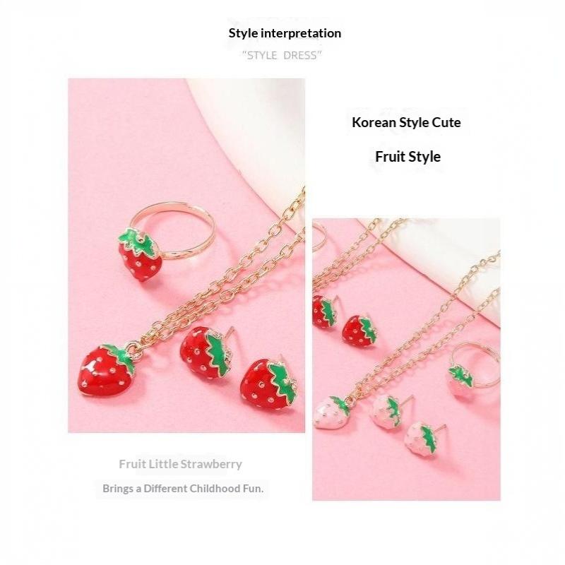 Kawaii Red Strawberry Enamel Jewelry Set 3Pcs Necklace Earrings Ring Hypoallergenic for Girls Party Wear Gifts