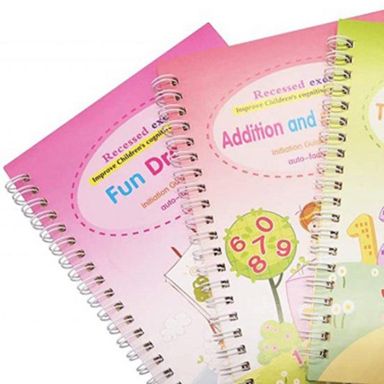 4Pcs/Set Grooved Copybook Handwriting Workbook Kit with Letters Numbers Tracing Reusable Math Drawing Practice Book for Kids