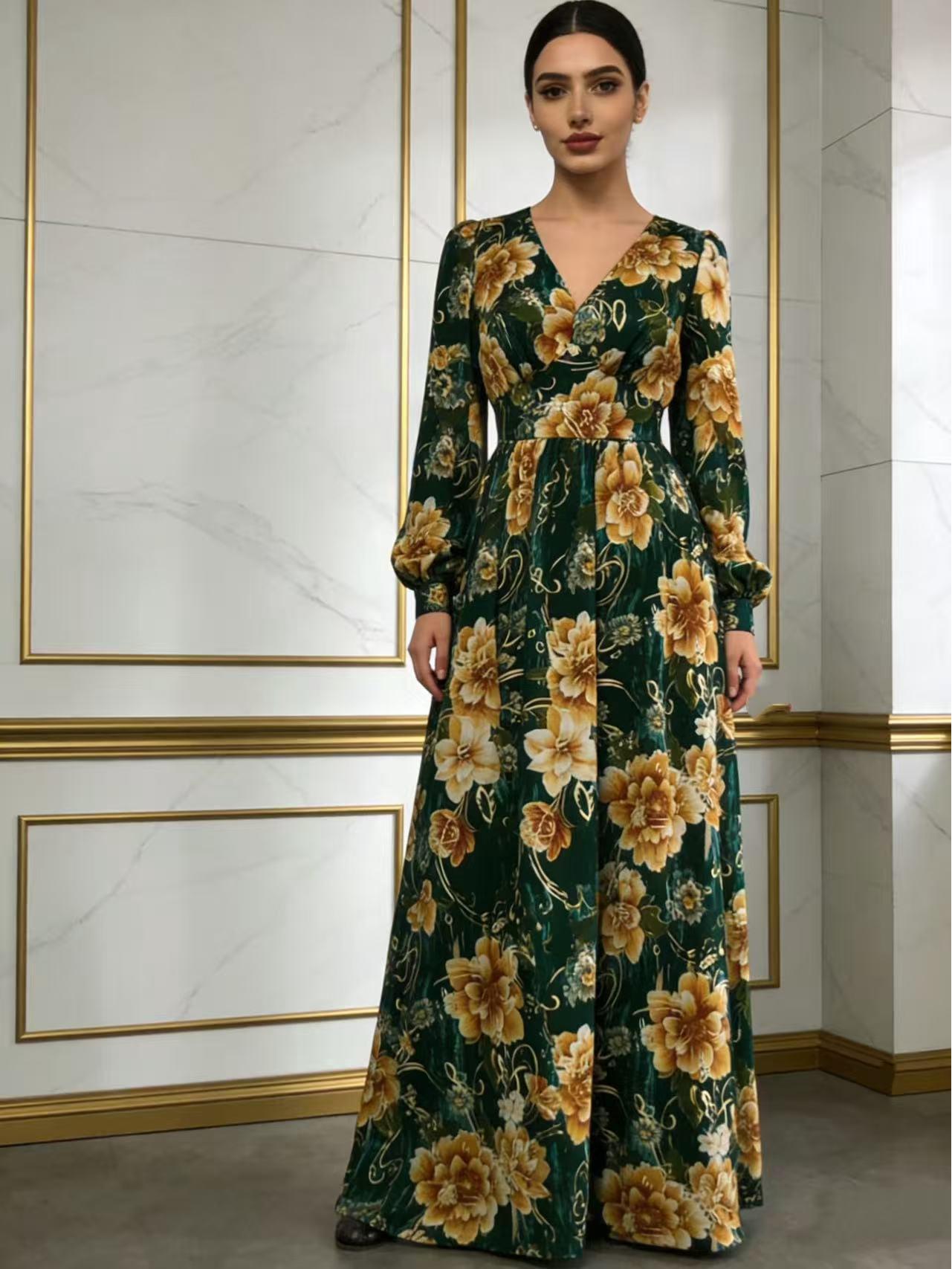 Elegant Floral Print V-Neck Waist-Cinching Abaya Dress Small