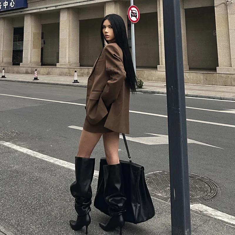 Oversized High-heeled Boots European and American Babes with Pointed Toe Stiletto Heels Over The Knee Wide Boots Heap Pile Boots