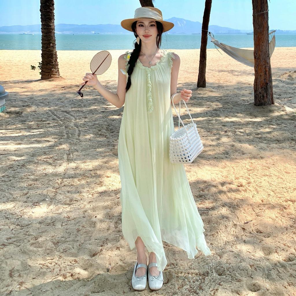 Seaside gentle temperament light green chiffon suspender dress women's summer small loose a word holiday dress