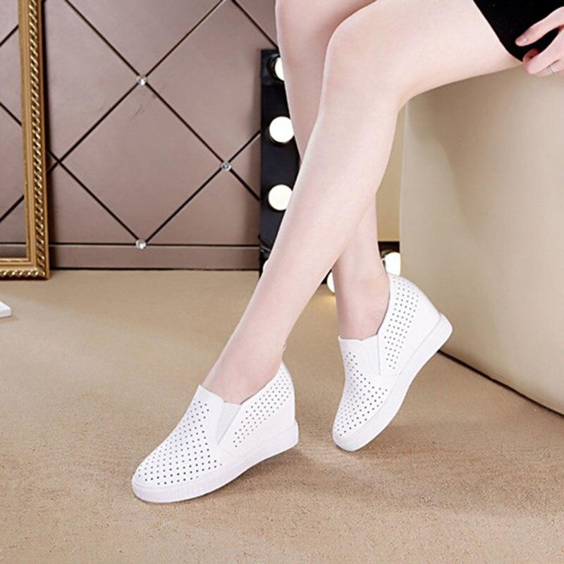 100% Genuine Leather Shoes Women Sneakers Woman Height Increasing Shoes Summer Holes Flat Platform White Shoes