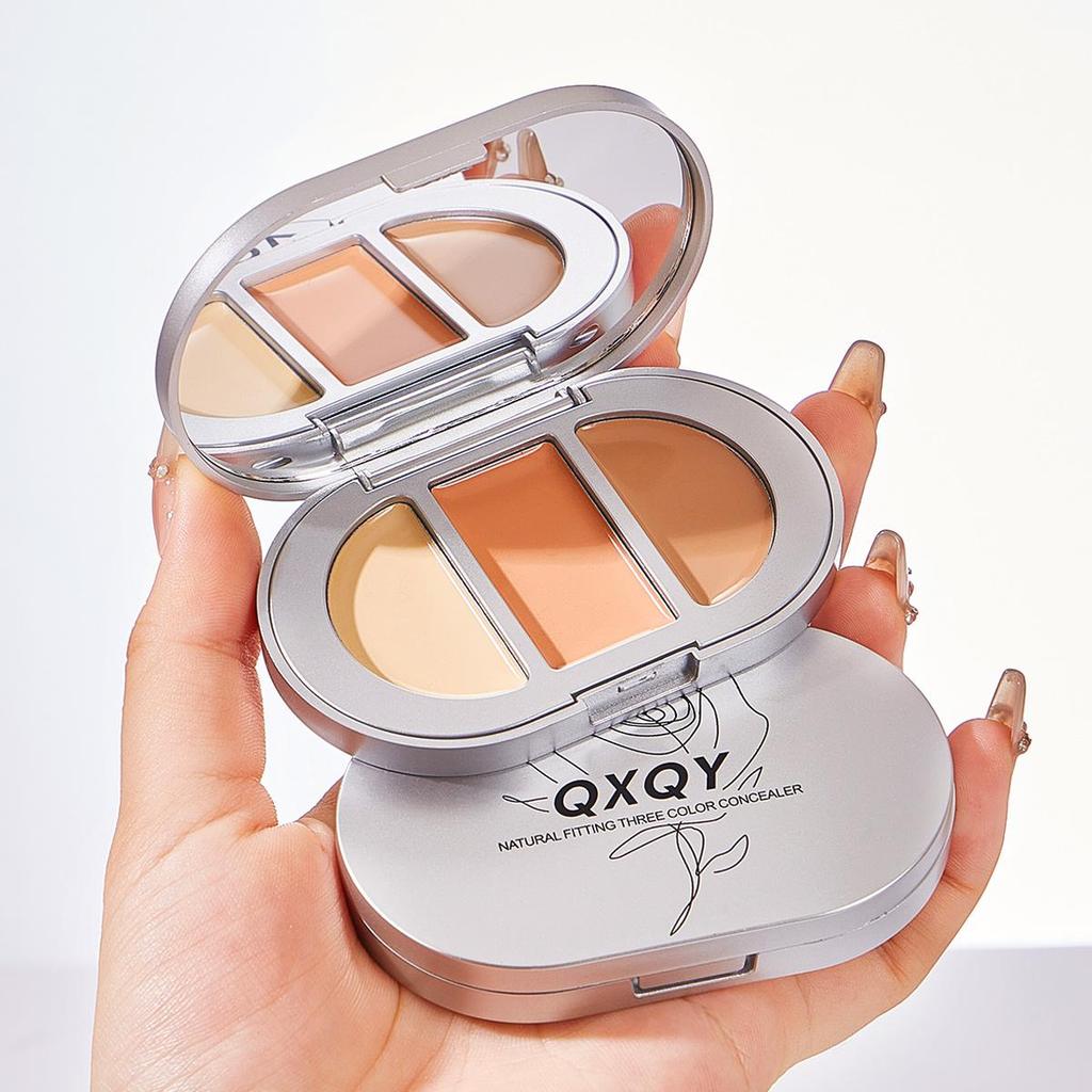 QXQY Natural Fit Tri-Color Concealer Stereoscopic Concealer Dark Circles Brighten Tear Troughs Salmon Color