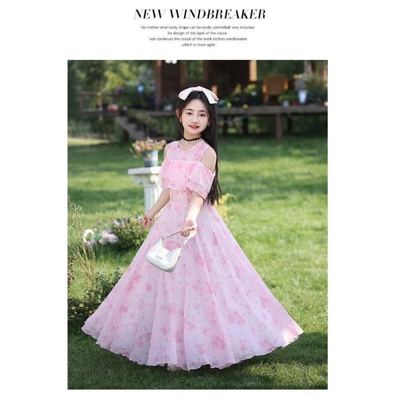 Girls Floral Print Princess Long Dress Kids Summer Casual Beach Dress