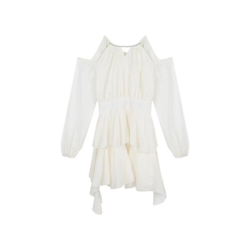 Французское Белое Платье с Длинным Рукавом Летнее Фея Пояс Феи Шифоновая Короткая Юбка Оборка Край Листа Торт Слово Юбка S абрикосовый