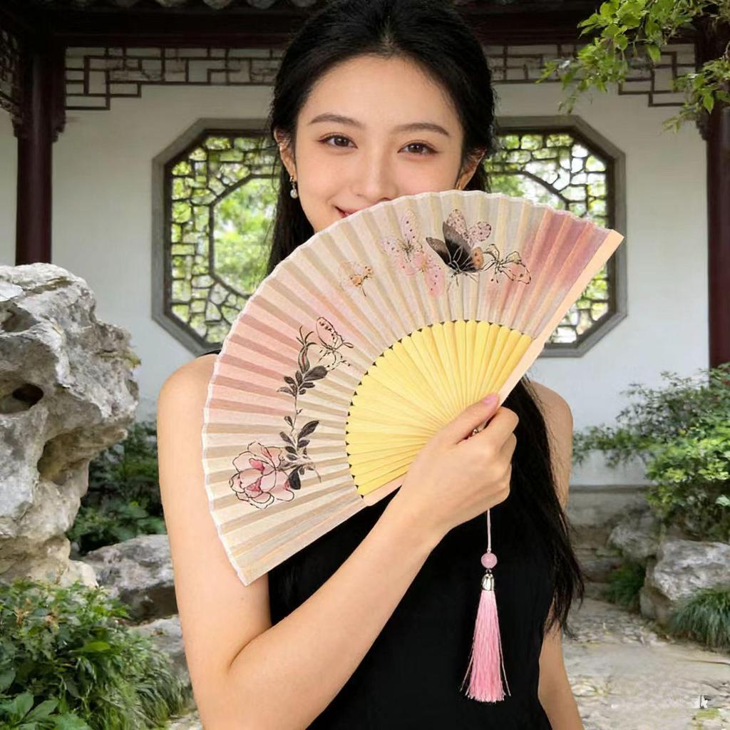Ventaglio Pieghevole Hanfu Fiore di Gelsomino per Fotografia, Danza e Uso Quotidiano - Ventaglio Verde da Donna