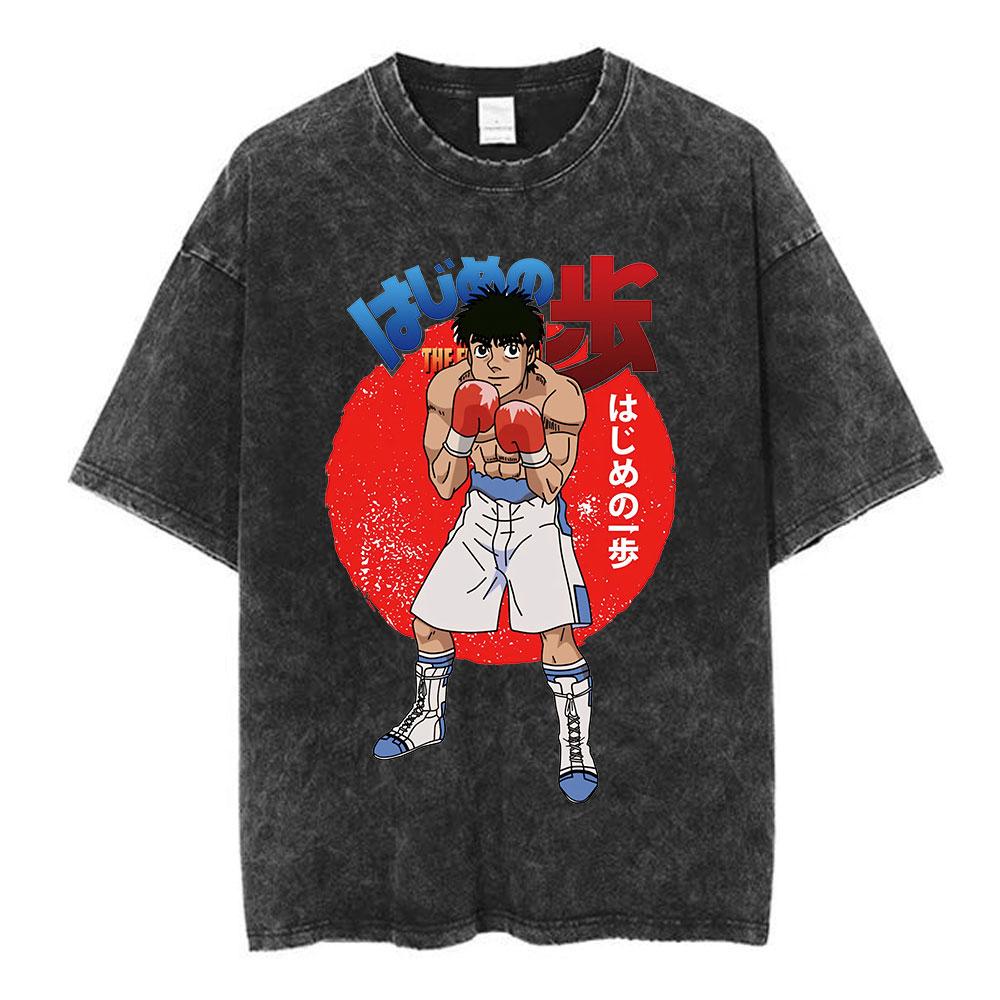 Anime Hajime No Ippo Makunouchi Vintage Washed Tshirt Takamura KGB T Shirts Kamogawa Boxing Gym Tshirt Men Manga Retro Tshirts