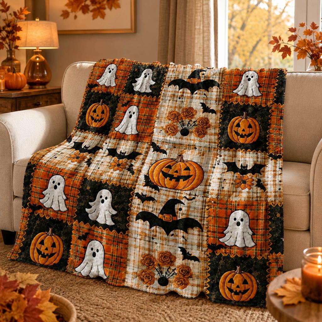 Couverture Jetée Patchwork d'Halloween – Couverture Douce en Peluche Confortable pour Canapé, Lit et Décoration de Fête