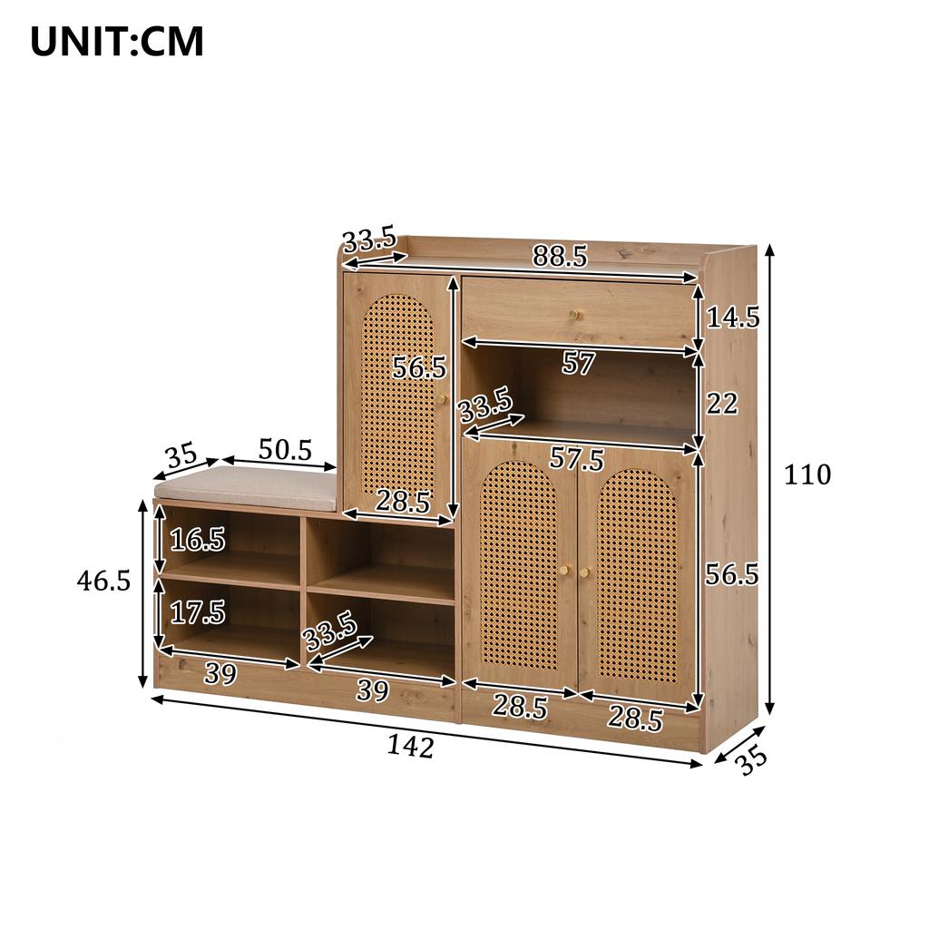 Schuhschrank mit gepolsterter Bank, 3 geflochtene Rattan-Türen und 1 Schublade, Aufbewahrungsschrank mit Schuhregal für Flur, Holzoptik, B142xT35xH110 cm