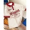 Amerikanisches Herren Sommer Retro 1983 Gestreiftes Buchstabenprint Bequemes Atmungsaktives Polo Kurzarm T-Shirt Outdoor Lässiges Oberteil