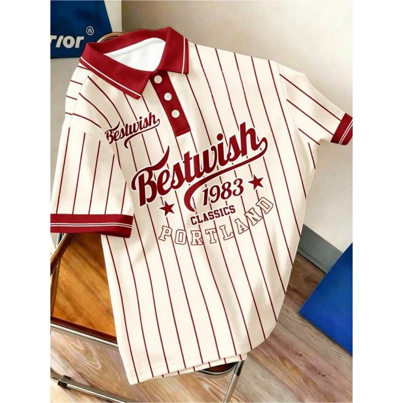 Amerikanisches Herren Sommer Retro 1983 Gestreiftes Buchstabenprint Bequemes Atmungsaktives Polo Kurzarm T-Shirt Outdoor Lässiges Oberteil