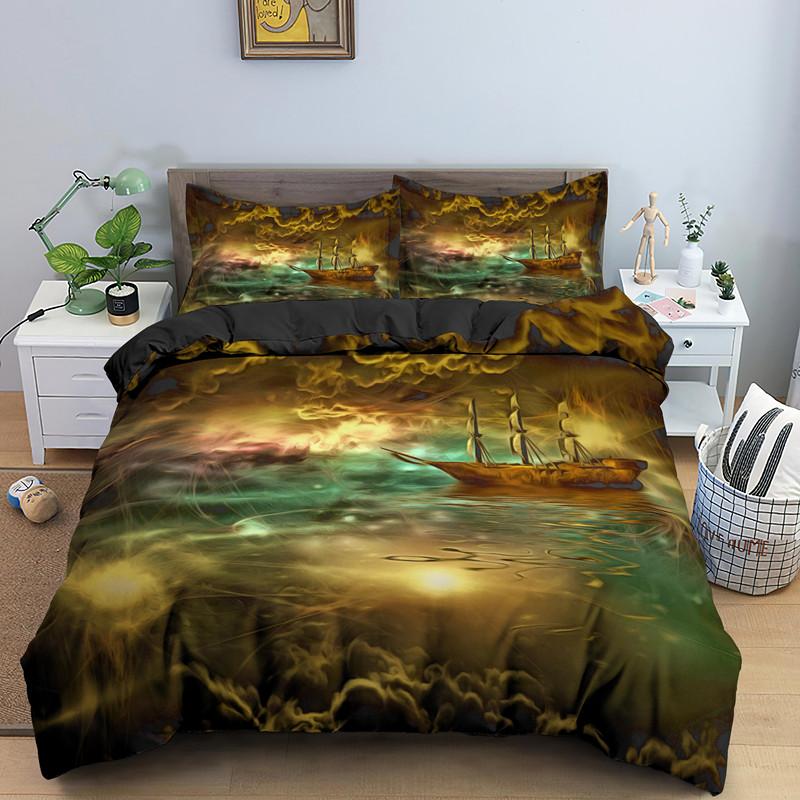 Nautisk Segelbåt Påslakan Queen King Size 3D Oljemålning Båtstil Sängkläder Set Ocean Mjuk 2/3 Delar Polyester Täcke Överdrag