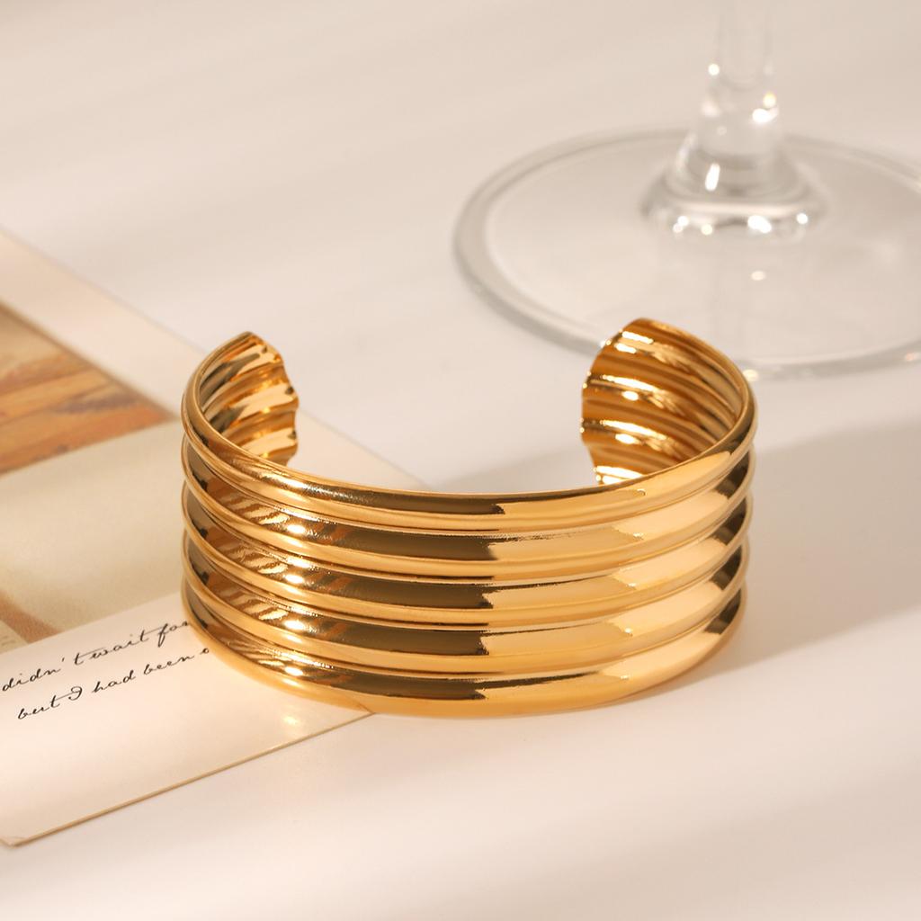 18K Gold Stainless Steel Open Bangle Multi-layer Wide Bracelet for Women Exaggerated Titanium Steel Bangle Non-fading