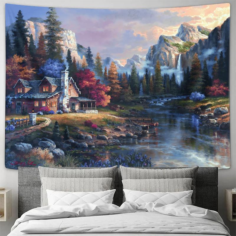 Autumn Mountain Cabin River Landscape Wall Tapestry Machine Washable All Season Decor Art Print Nature Design Home Quick Setup