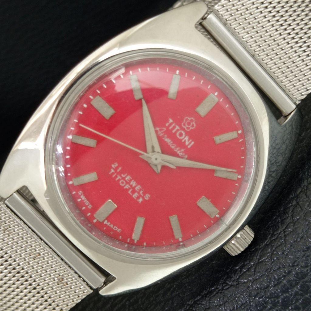 ШВЕЙЦАРСКИЕ ВИНТАЖНЫЕ МУЖСКИЕ ЧАСЫ TITONI AIRMASTER TITOFLEX С РУЧНЫМ ЗАВОДОМ КРАСНЫЕ a705113-1