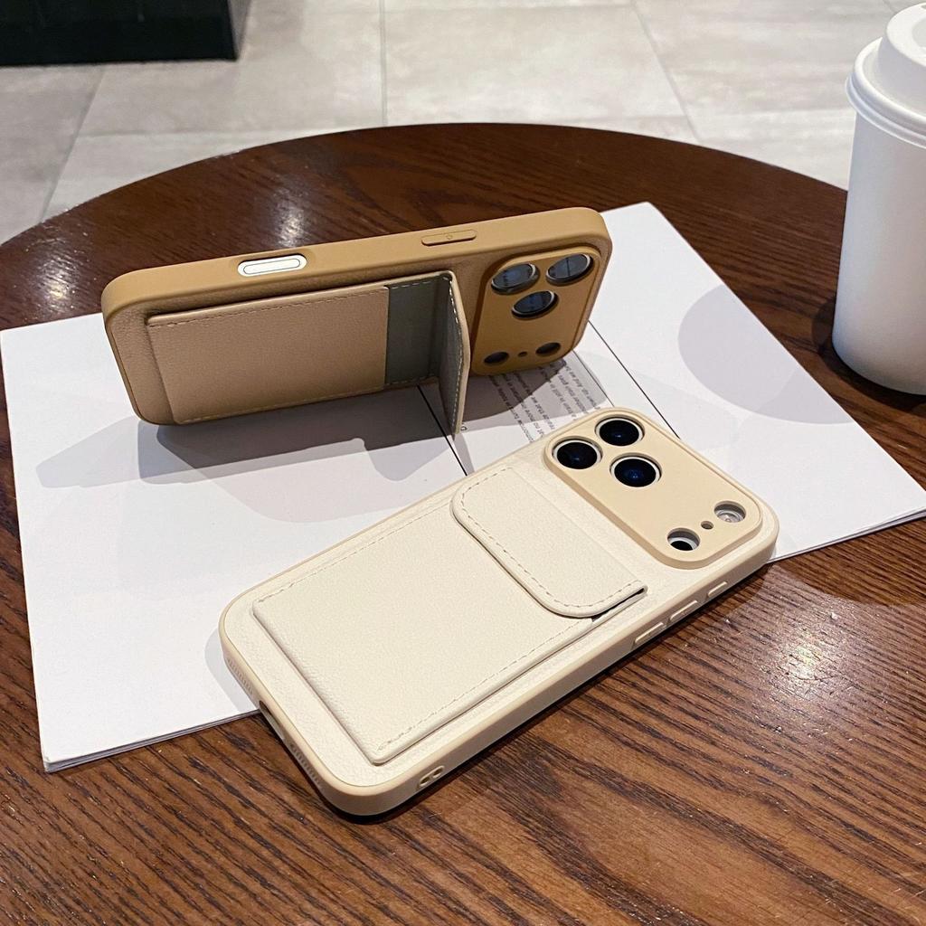 Applicable to iPhone17PROMAX mobile phone case, lychee leather pattern card bag bracket, advanced Apple 16 anti-drop protective case.