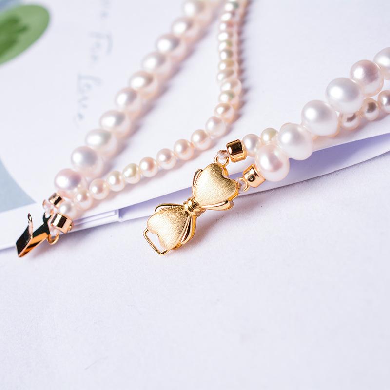 Double stacked pendant, natural freshwater pearl necklace, new Chinese temperament 11k gold injection frosted bow.