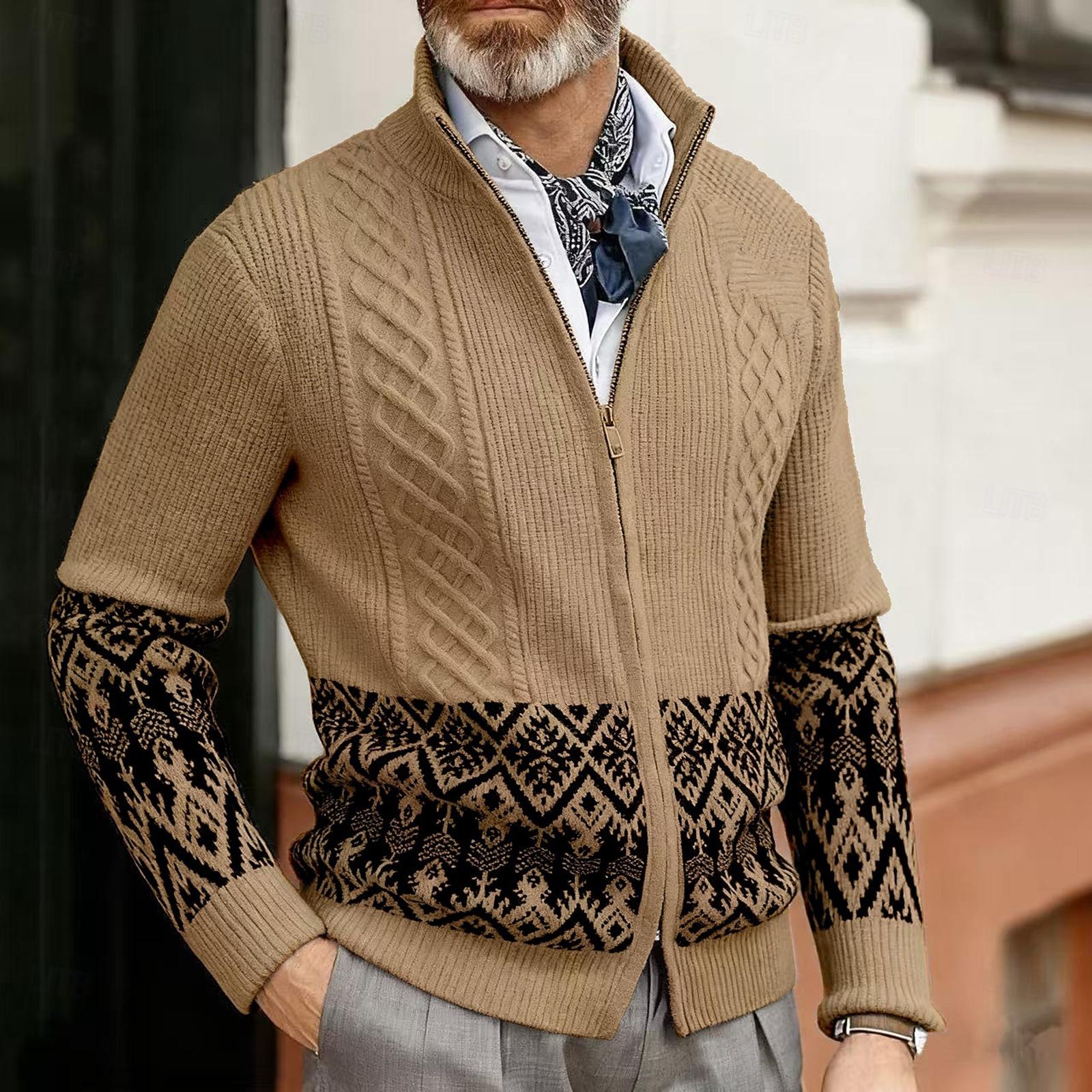 Мужской свитер кардиган на молнии свитер в рубчик с арановым узором обычный топ вязаный однотонный со стойкой для отпуска модный повседневный одежда для ежедневной носки M хаки 3590₽