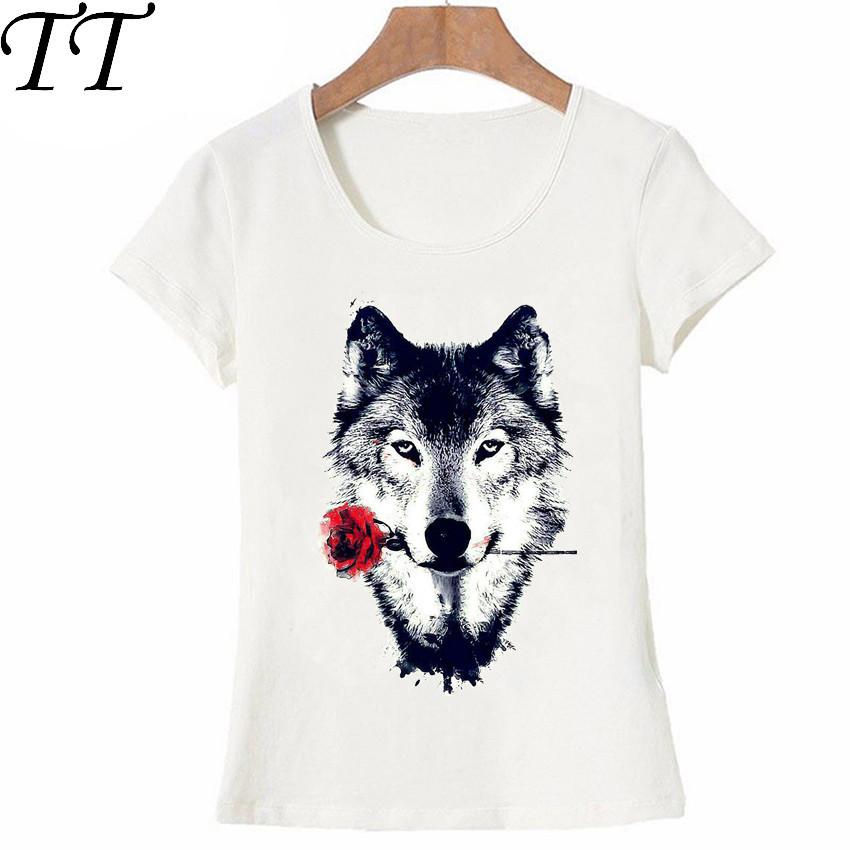 

2021 Summer animal design cute women short sleeve funny wolf with a rose print TShirt female casual Tops hipster girl Tees 4XL
