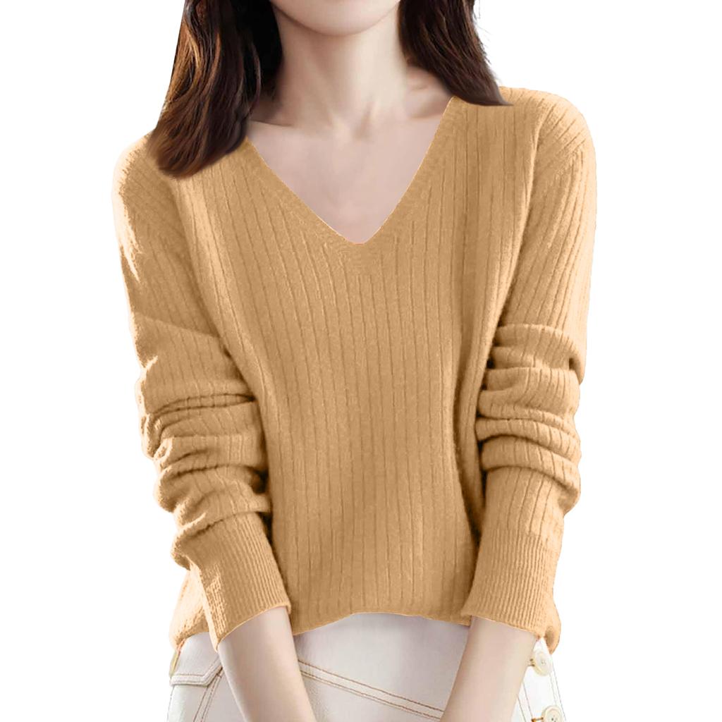 Women's Loose-Fit Knitted Base Layer Sweater V-Neck Pullover Long Sleeves Solid Colour