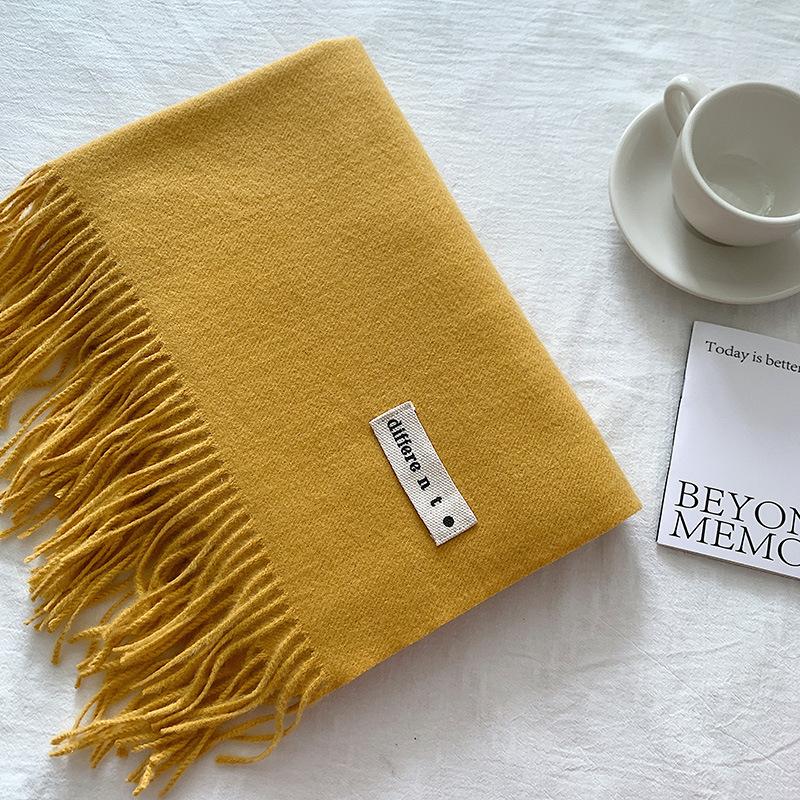 Flowing Fringe, Color-blocked, Simple Design, Faux Cashmere-like Scarf, Winter-thick, Cape-style, Student-friendly, Solid Color.