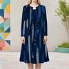 Women Plus Size Blue Printed Round Neck Two Piece Dress Set Long Sleeve Cropped Cardigan Sleeveless Midi Dress