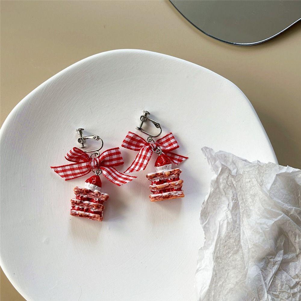 Cupcake Bow Studs Earrings Ice Cream Cake Earrings Studs Creative Strawberries Ear Clip Ladies