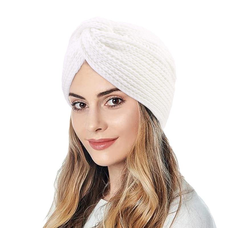 Women's Solid Color Winter Knitted Turban Hat Imitation Cashmere Cross Twisted Hat for Women Bohemian Style Hijab Caps