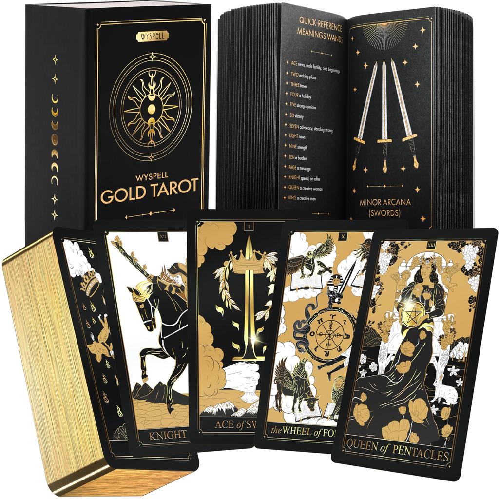 Wyspell Classic Tarot Deck with Guidebook 78 Gold Tarot Cards for Beginners Tarot Deck Set Black Tarot Decks with Guidebook Original Tarot Cards Deck