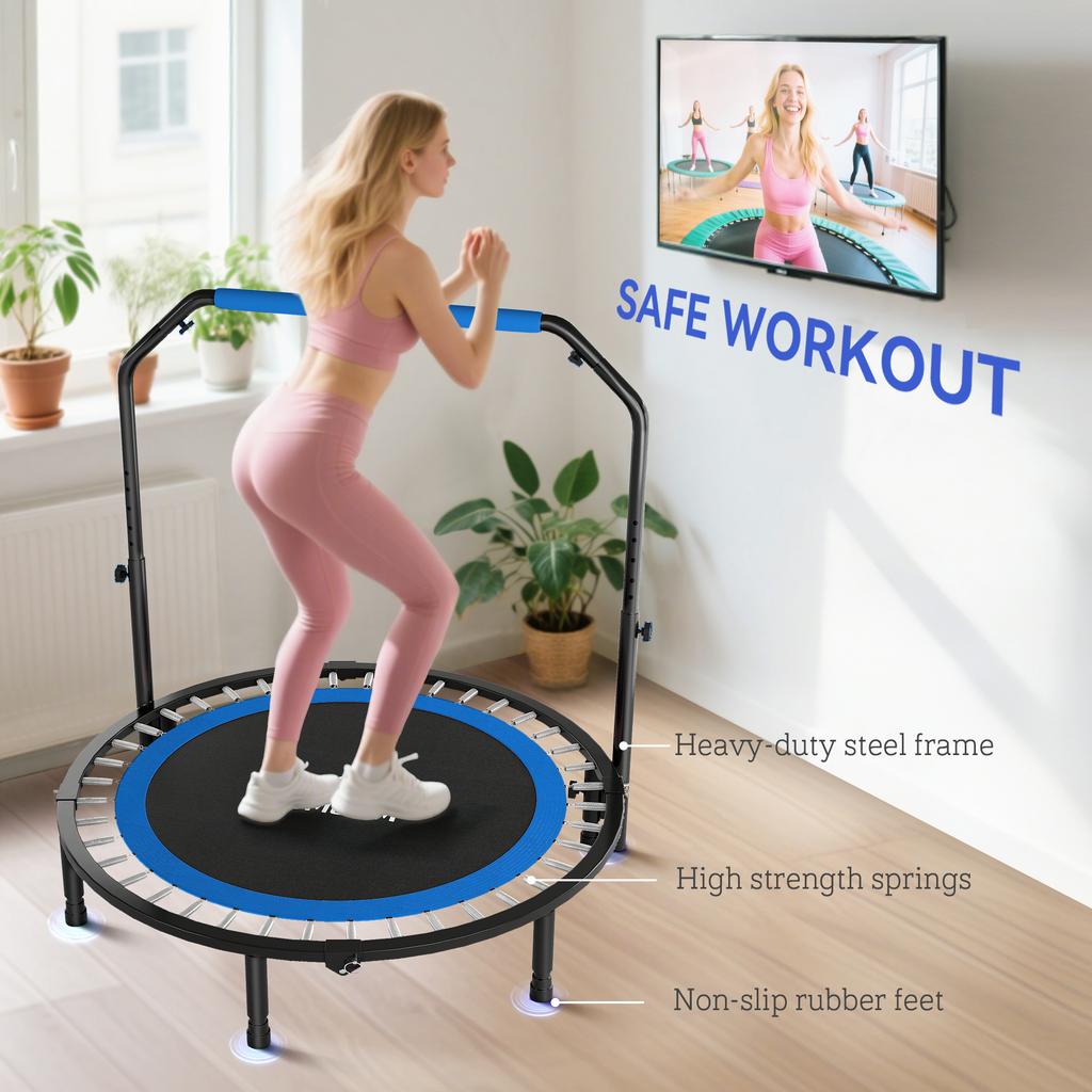 48 Foldable Mini Fitness Trampoline With Adjustable Foam Handle Blue