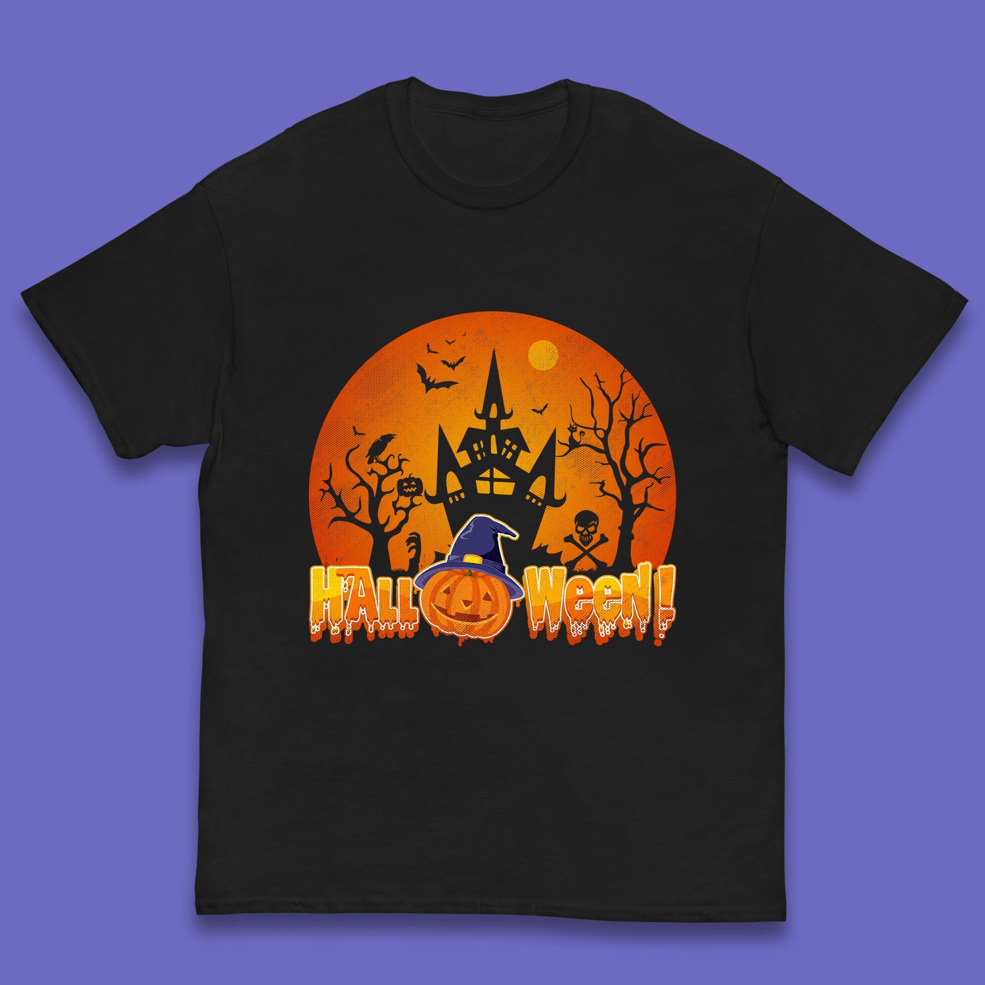 Halloween Pumpkin Witch Hat Haunted Castle Flying Bats Skull Bones Scary Dark Night Kids T Shirt 160