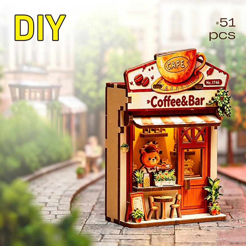 DIY 3D Wooden Mini House Puzzle Toy Fridge Magnet Handmade Animals Shop Creative Assembly Model Kit Home Decor Gifts for Friends