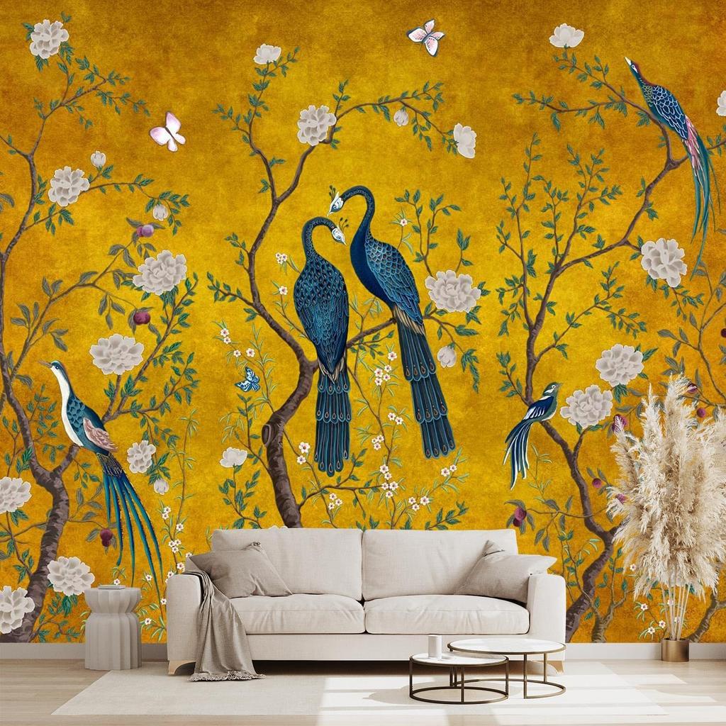 Elegant Tropical Peacock Tapestry Wall Hanging Luxury Gold Floral Botanical Art Boho Jungle Style Decor Home Accent Tapestry Pri
